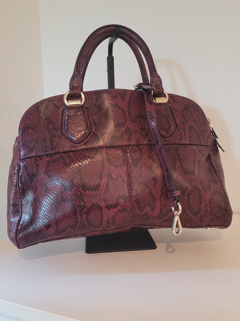 Cole Haan Burgundy Snake-Print Leather Satchel with Gold Hardware